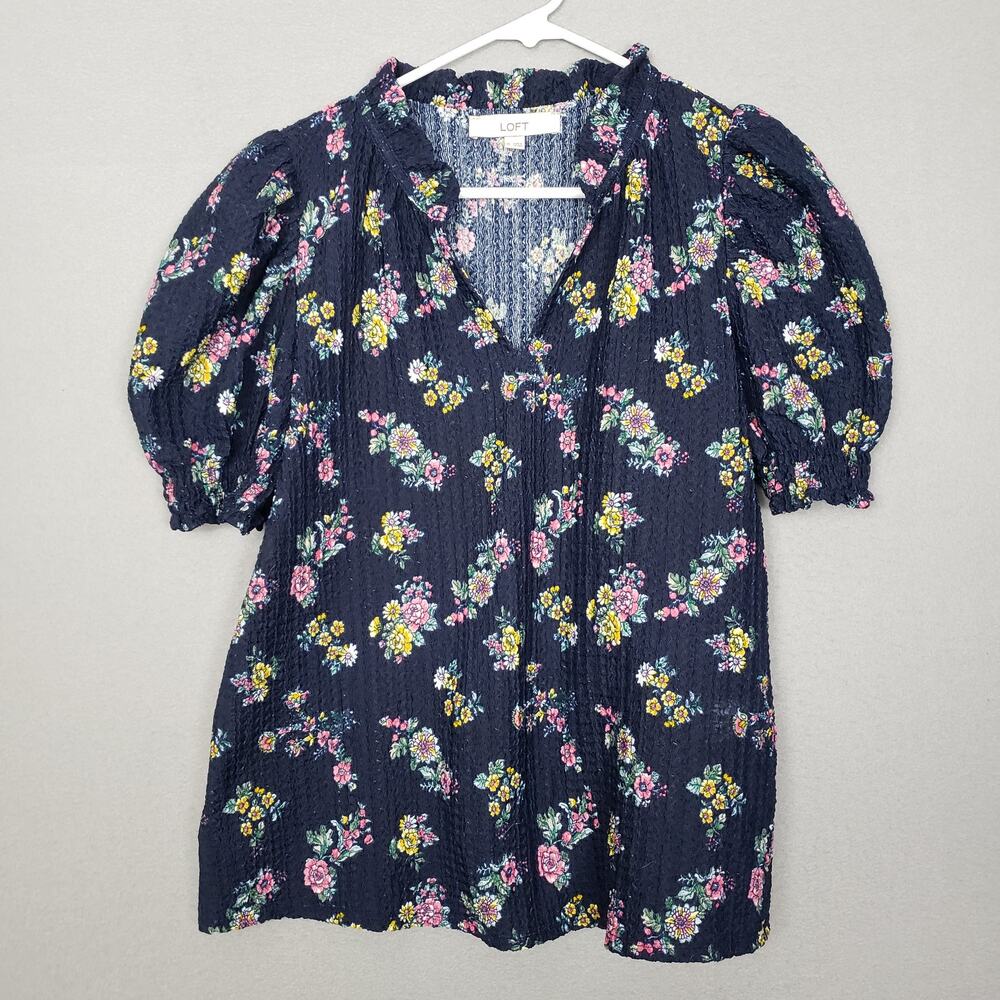 Loft Size XS Puff Sleeve Popover Top Navy Blue Floral Cotton Crepe Scrunch Boho‎